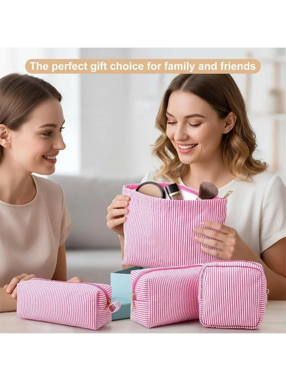 4 Pcs Seersucker Makeup Bag Set - Large Travel Toiletry Organizer, Aesthetic